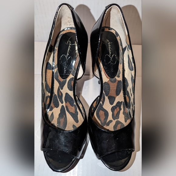Jessica Simpson Acadia Black Patent Leather Platform Peep Toe Heels Women 6.5 - Picture 3 of 4
